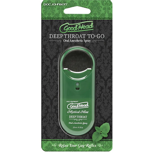 Goodhead to-go deep throat oral anesthetic spray mint 9ml in green plastic branded packaging for easy use