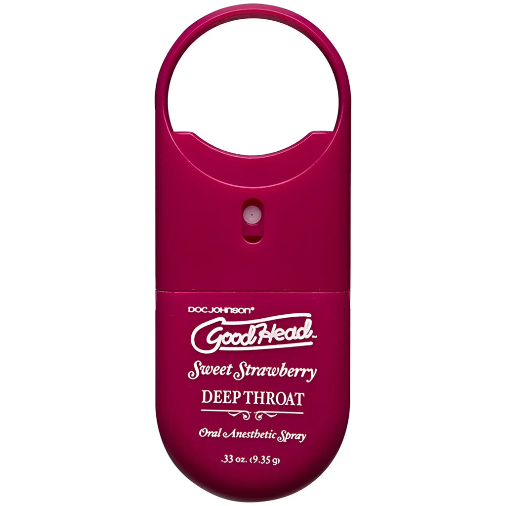 A magenta compact oral anesthetic spray with white doc johnson branding for goodhead sweet strawberry deep throat use