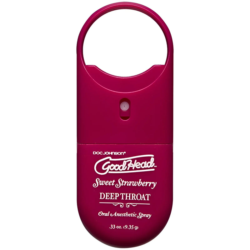 A magenta compact oral anesthetic spray with white doc johnson branding for goodhead sweet strawberry deep throat use