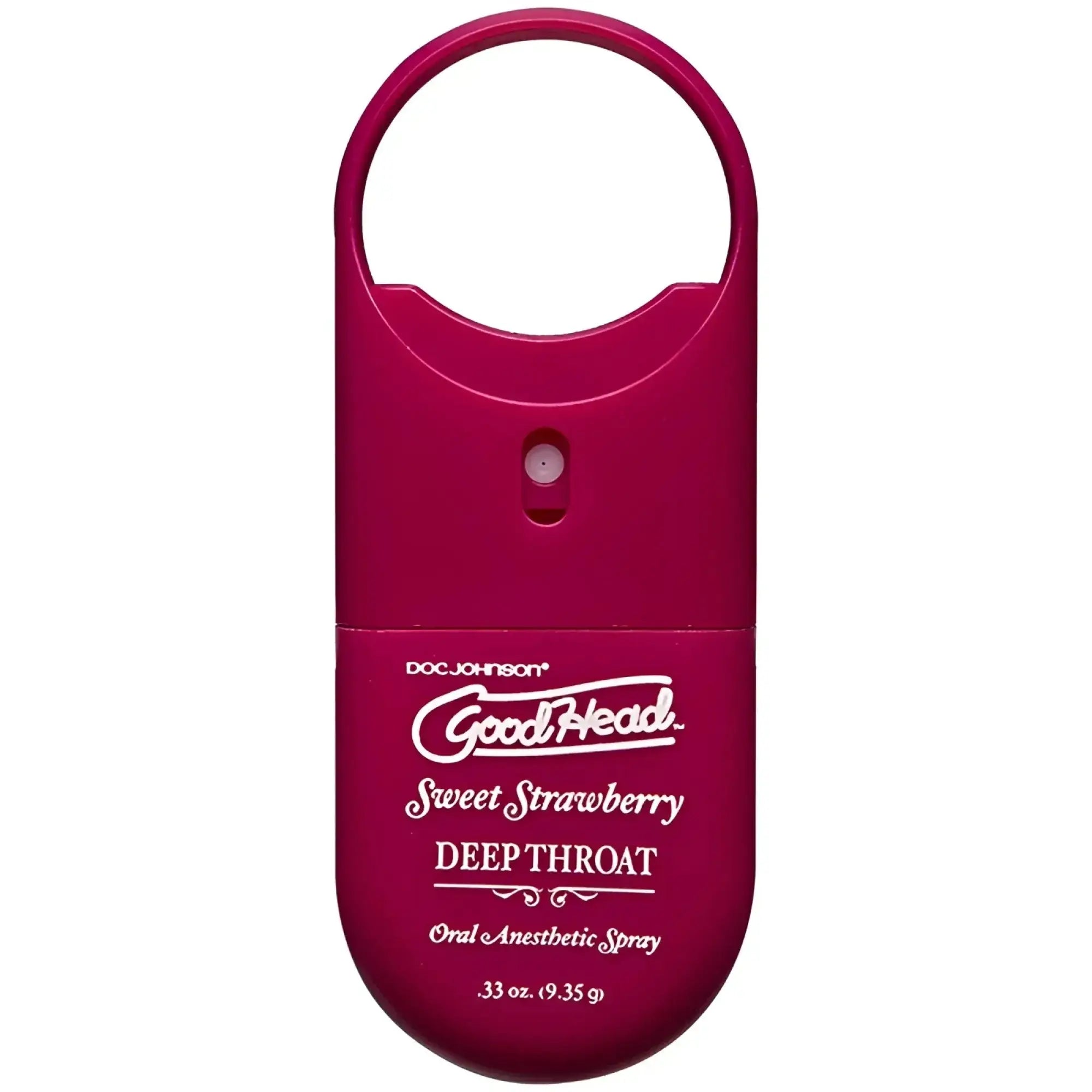 A magenta compact oral anesthetic spray with white doc johnson branding for goodhead sweet strawberry deep throat use