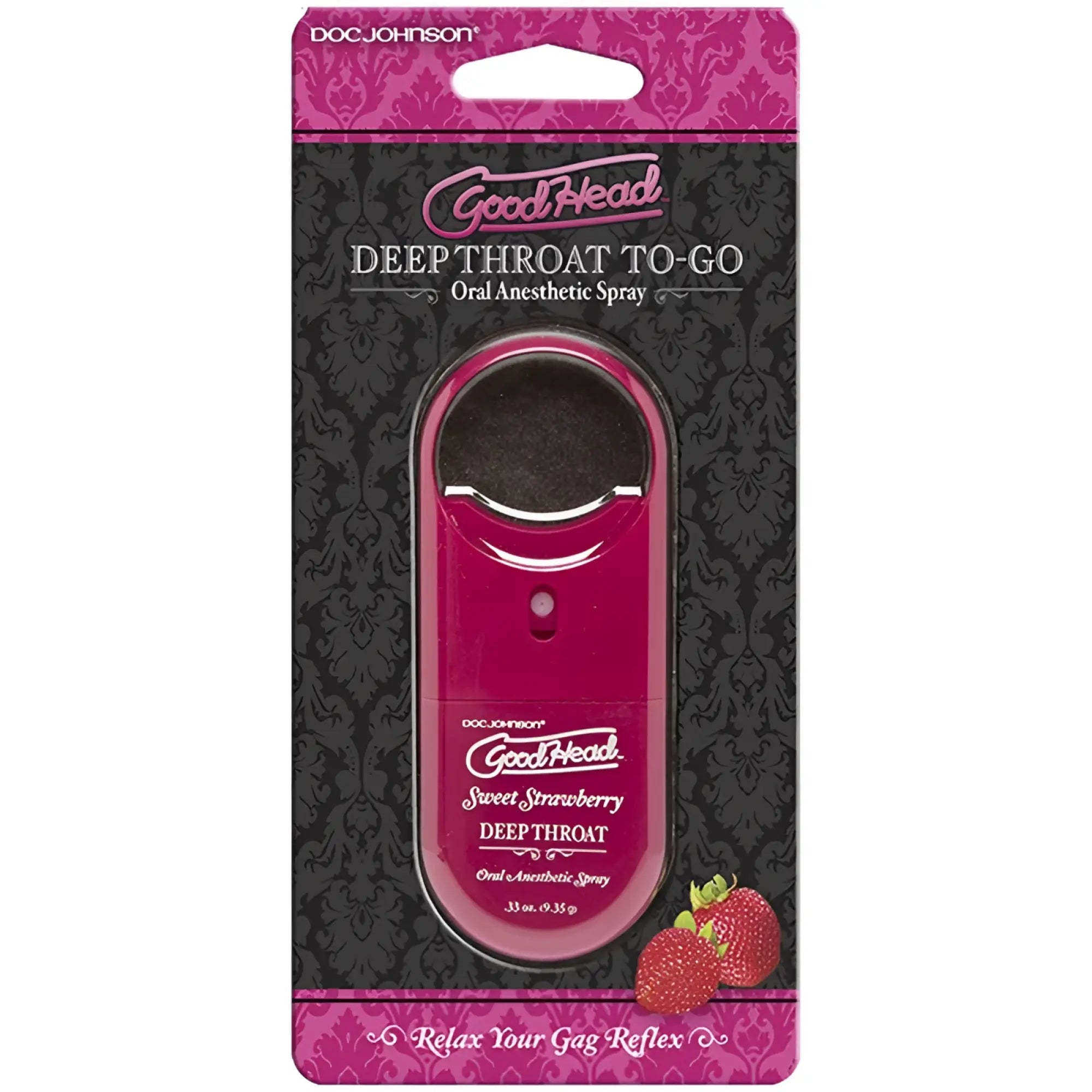 Pink doc johnson goodhead to-go deep throat oral anesthetic spray sweet strawberry 9ml in a glossy compact design