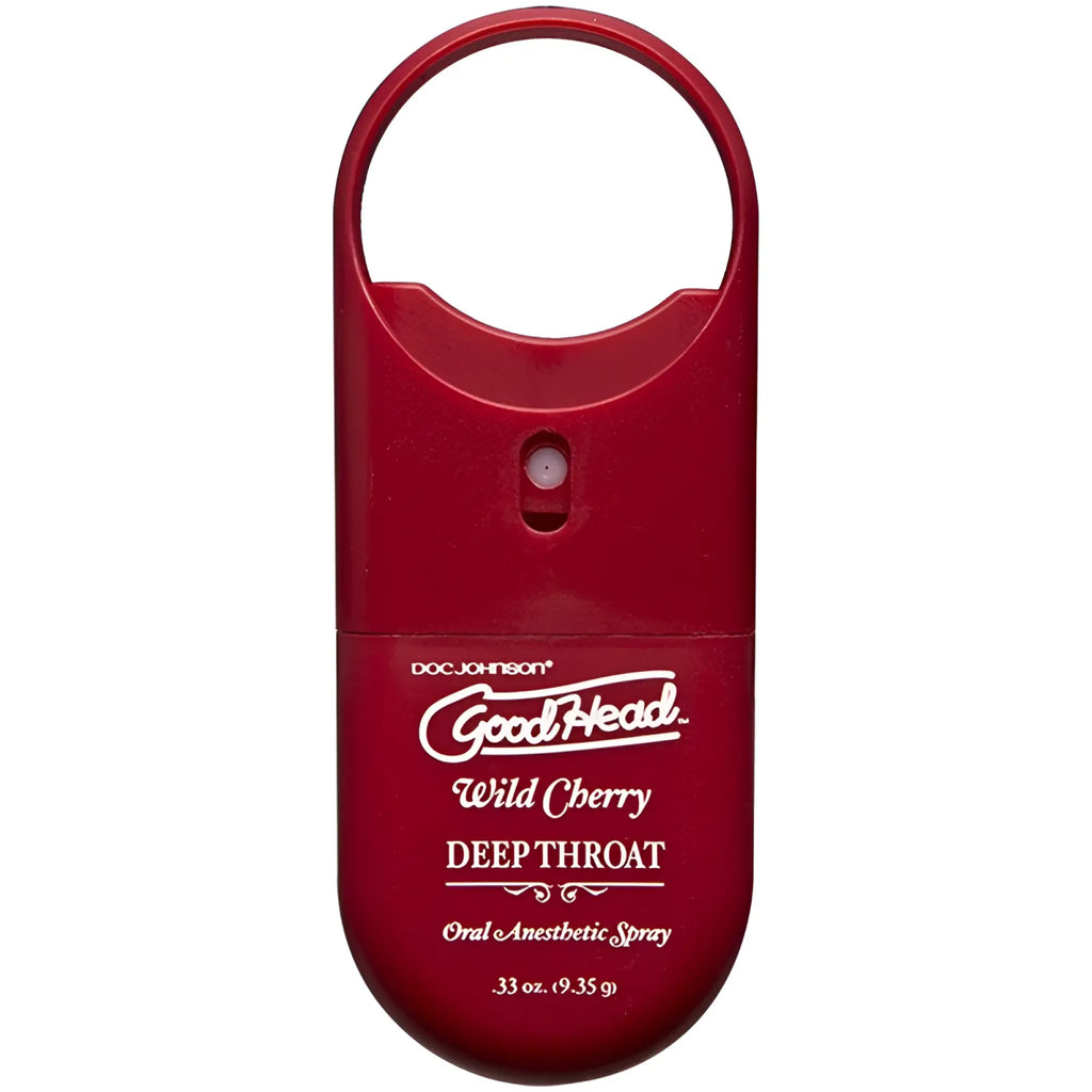 Red plastic goodhead to-go deep throat oral anesthetic spray wild cherry flavor with loop handle 9ml