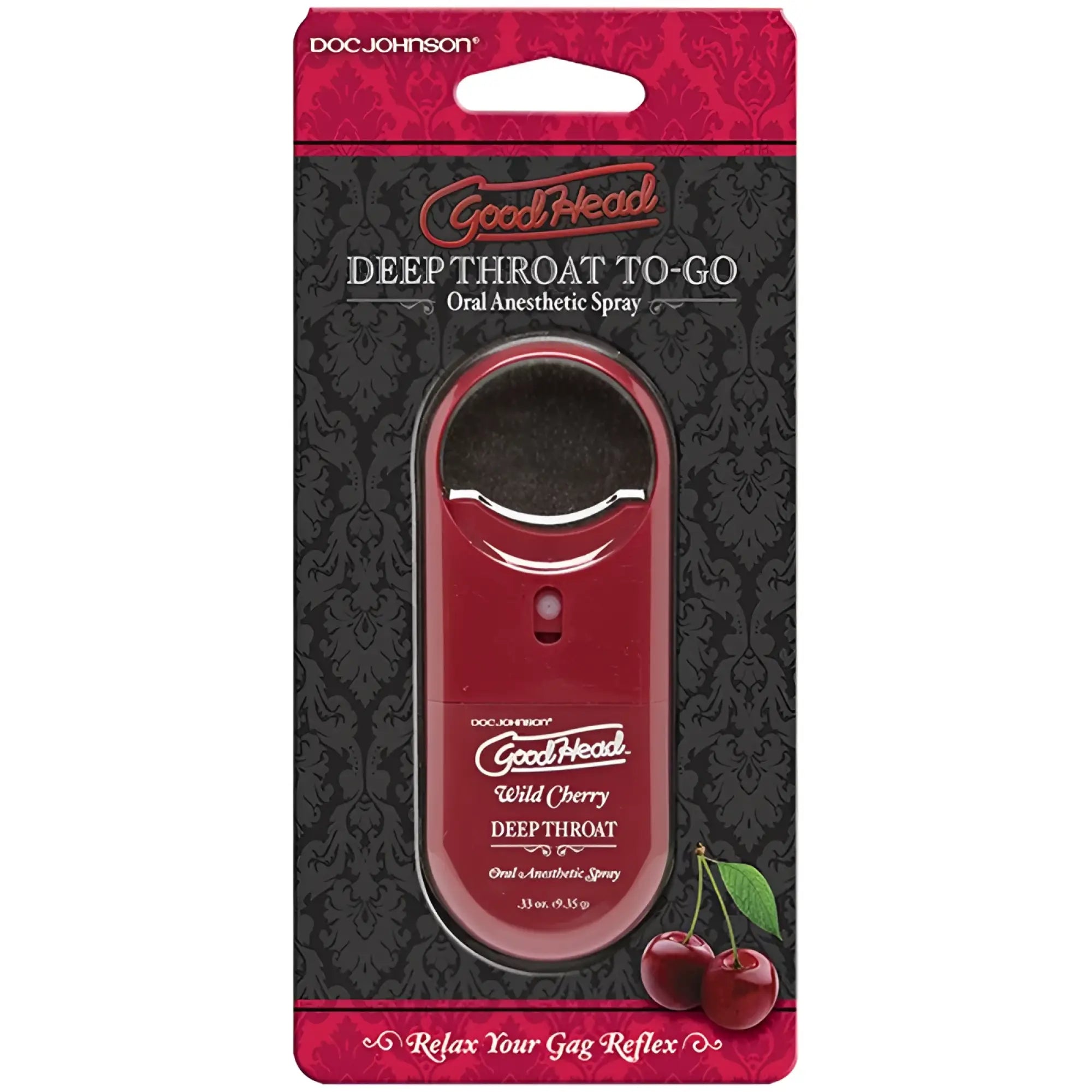 Red plastic oral anesthetic spray bottle with silver nozzle black cap branded goodhead by doc johnson for deep throat use