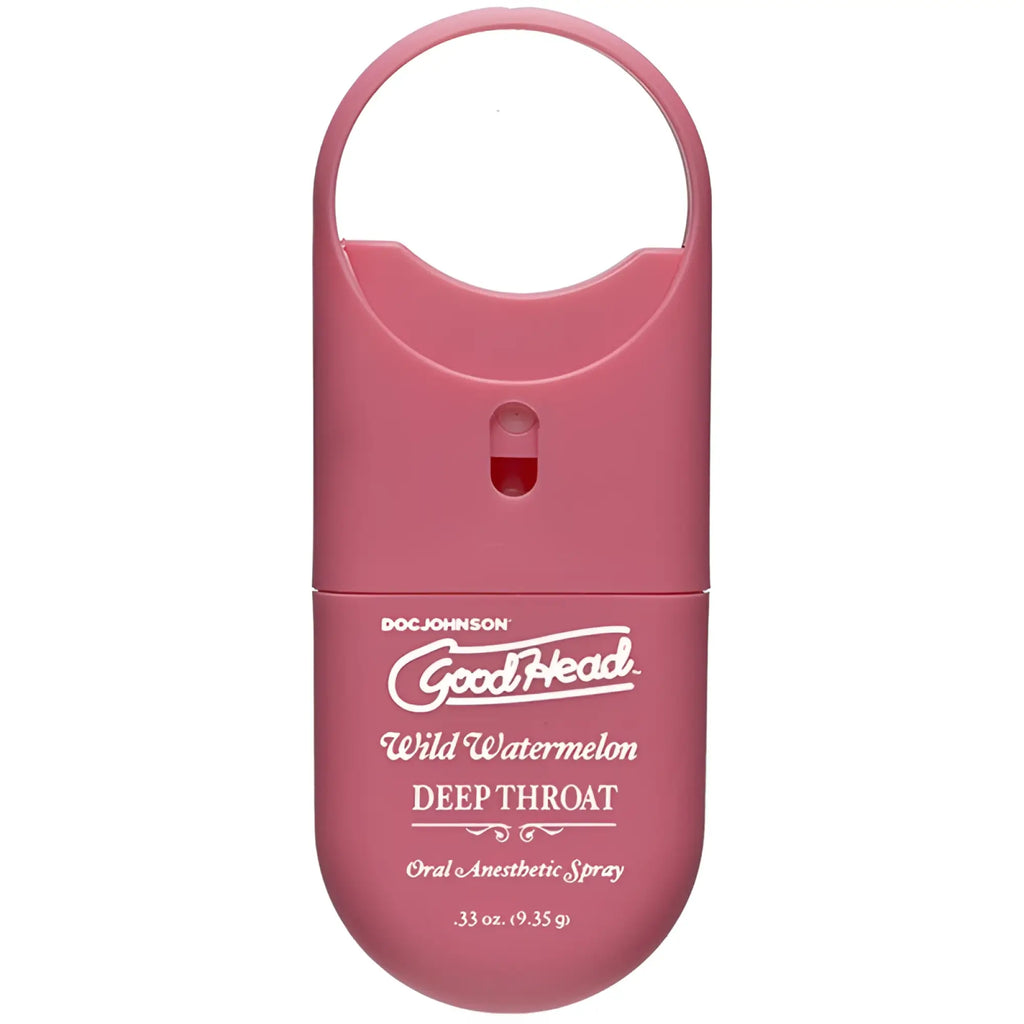 Pink plastic goodhead to-go deep throat oral anesthetic spray wild watermelon flavor with carrying loop 9ml