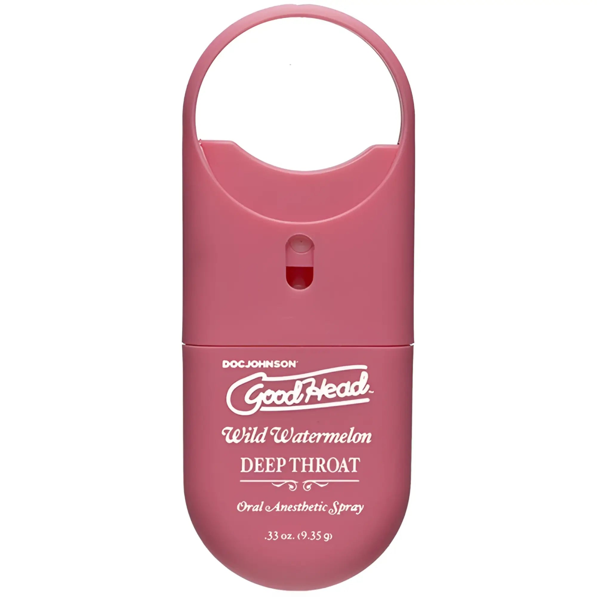 Pink plastic goodhead to-go deep throat oral anesthetic spray wild watermelon flavor with carrying loop 9ml