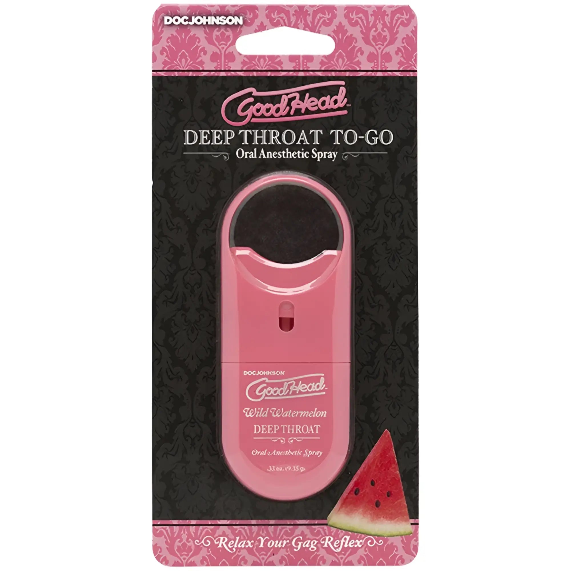 Pink plastic goodhead deep throat to-go oral anesthetic spray in black and pink packaging with wild watermelon flavor