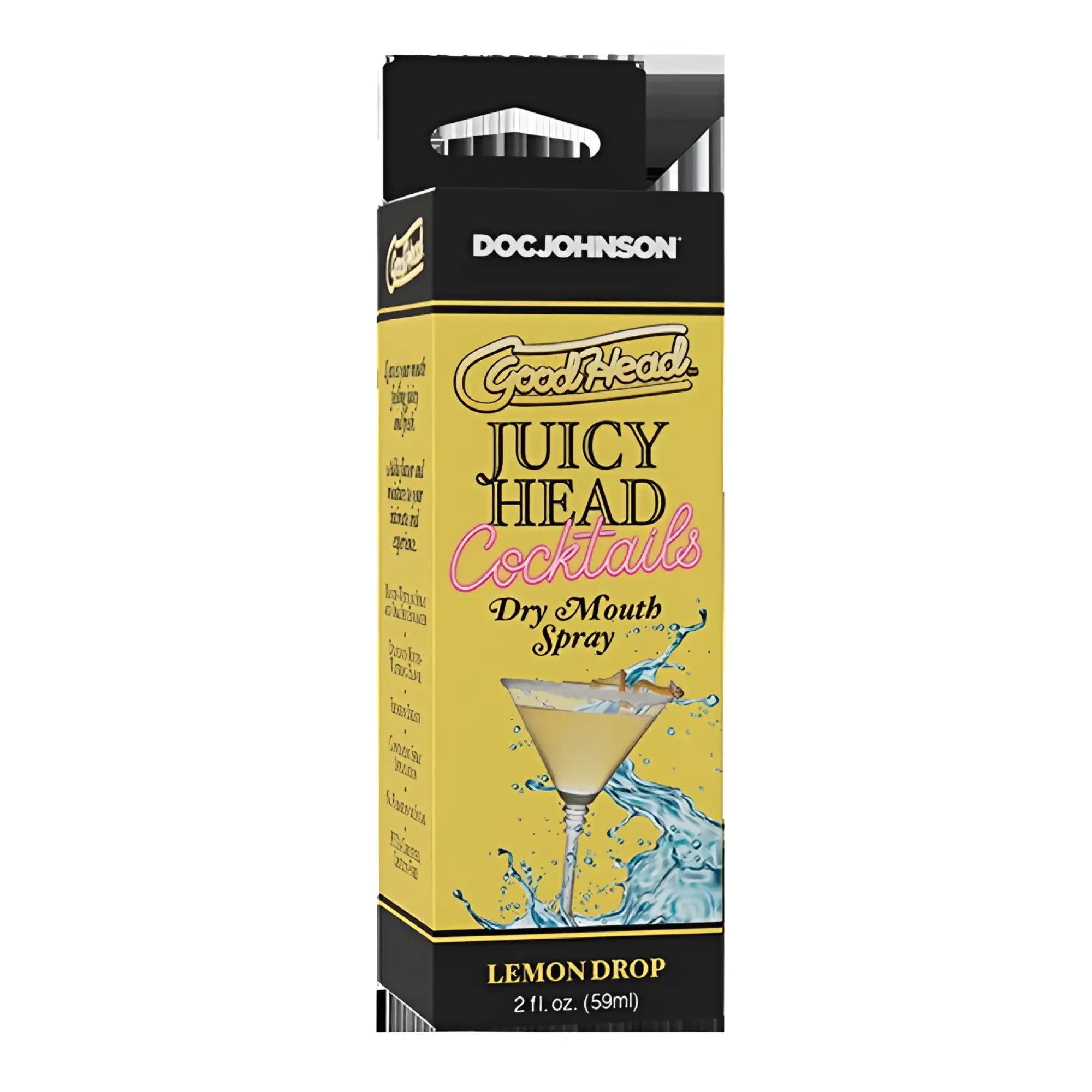 Yellow and black packaged doc johnson goodhead juicy head lemon drop dry mouth spray 59ml for cocktails