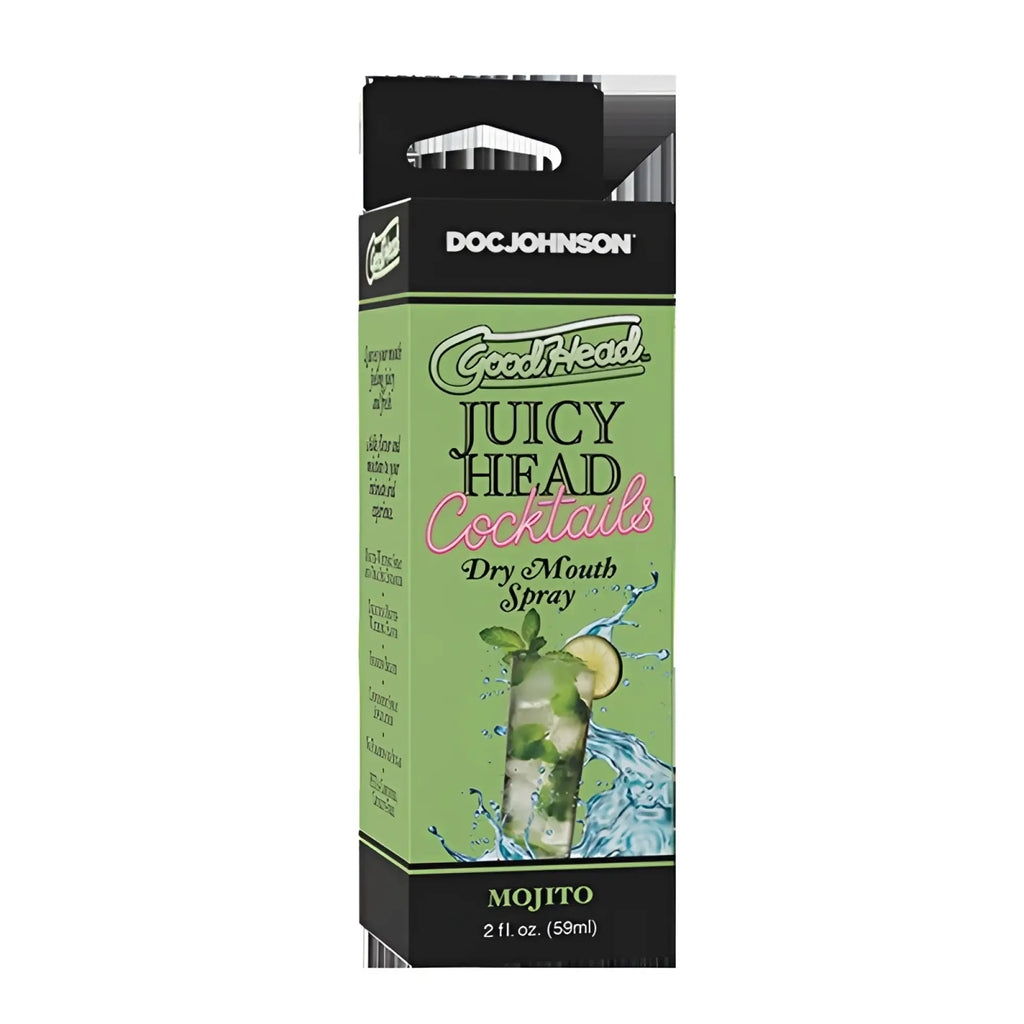 Green and black packaged doc johnson goodhead juicy head spray cocktails mojito dry mouth spray 59ml bottle