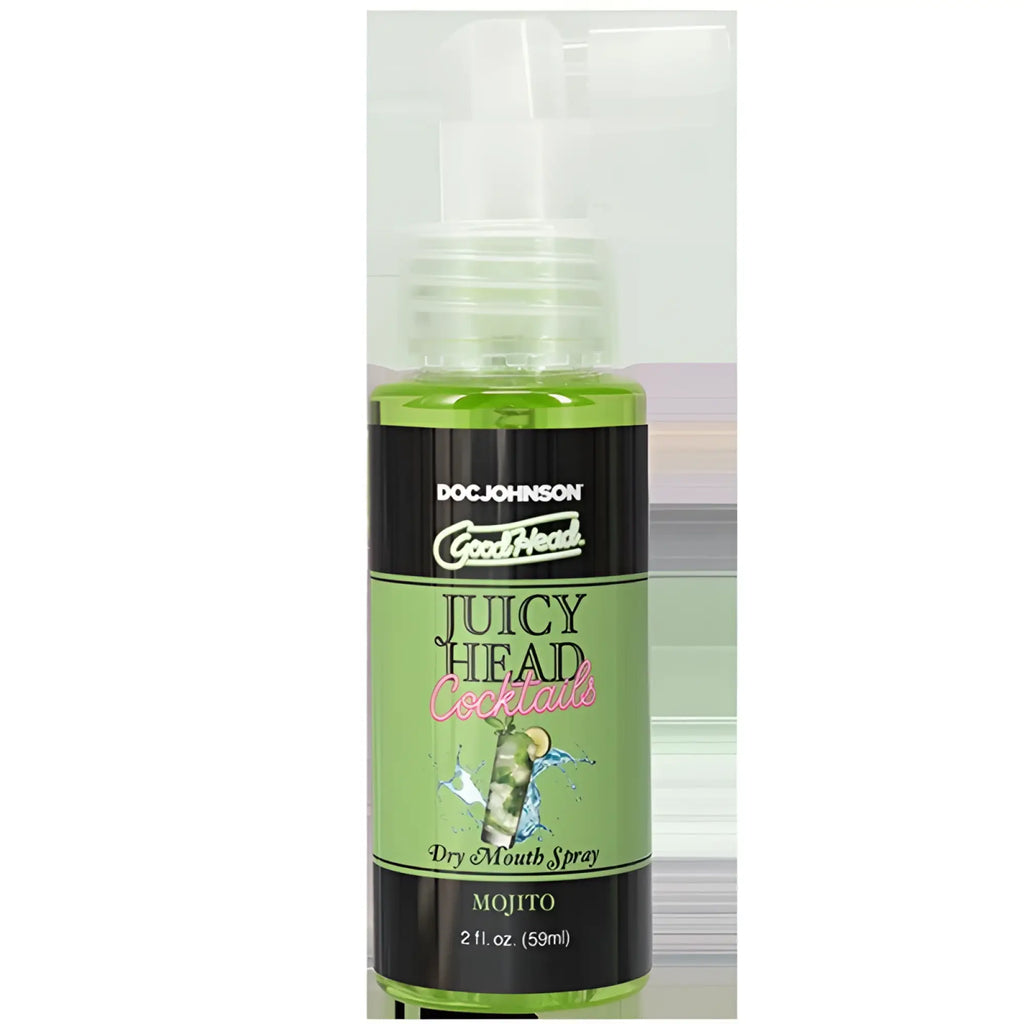 Green glass bottle of doc johnson goodhead juicy head mojito dry mouth spray with white nozzle and black label