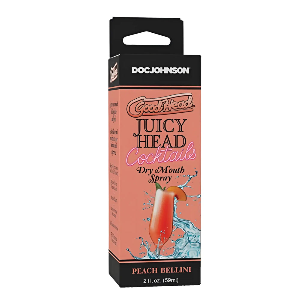 Doc Johnson good head juicy head cocktails dry mouth spray peach bellini flavor in pink black box with peach cocktail illustration