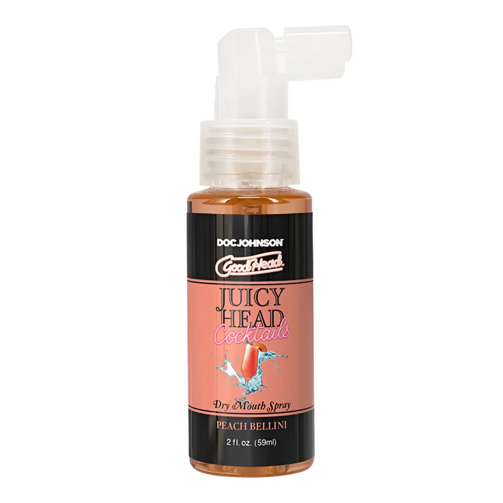 Doc Johnson good head juicy head cocktails peach bellini dry mouth spray in a clear 59ml bottle with white pump