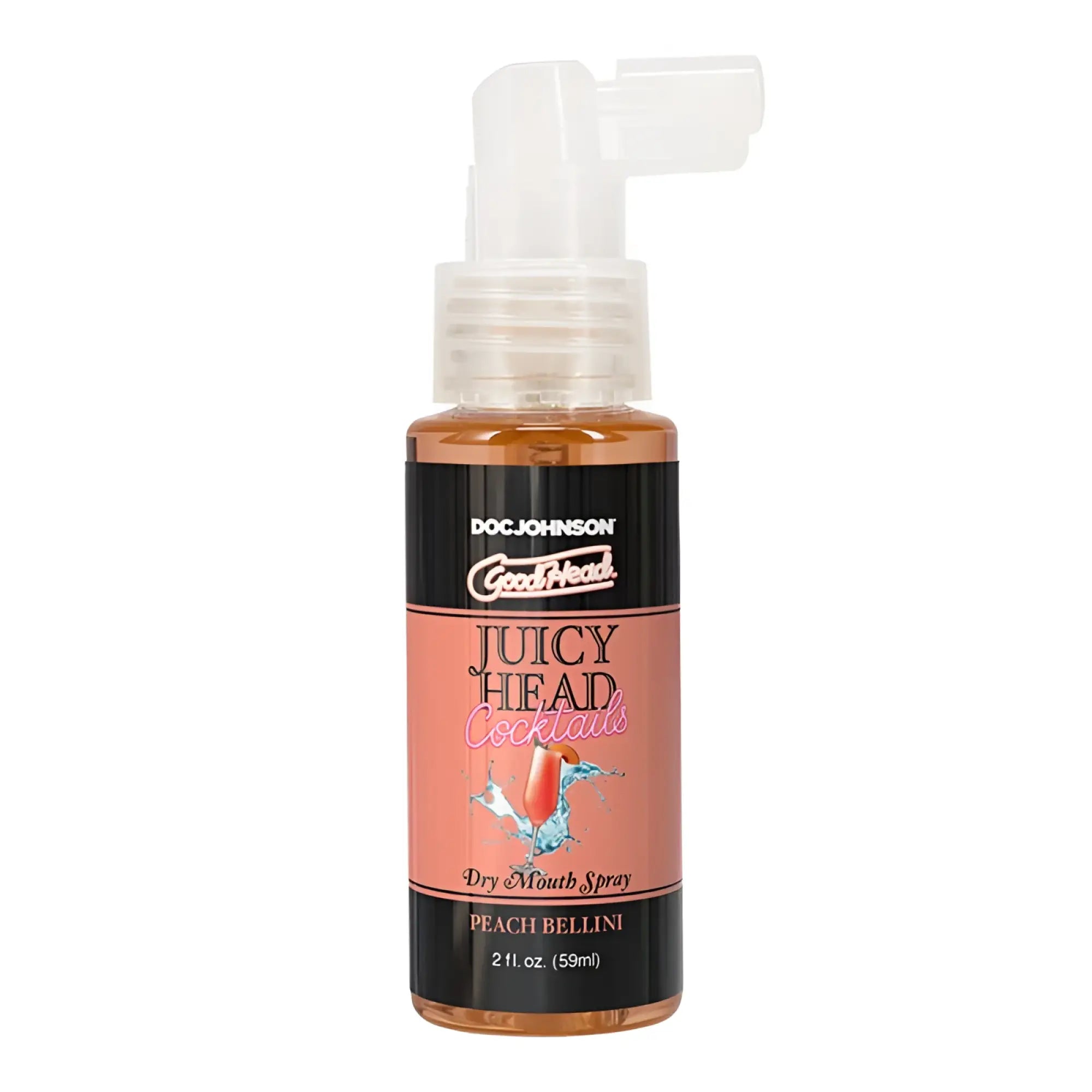 Doc Johnson good head juicy head cocktails peach bellini dry mouth spray in a clear 59ml bottle with white pump