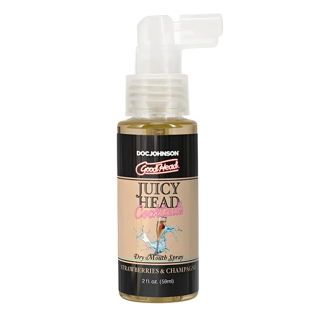 Doc johnson goodhead juicy head cocktails dry mouth spray in clear bottle with black and beige label strawberries and champagne flavor