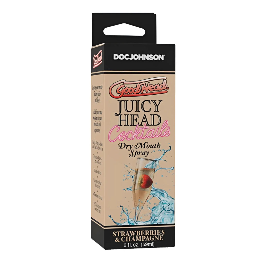 Doc Johnson GoodHead juicy head cocktails dry mouth spray in strawberries and champagne flavor in beige black box with pink branding
