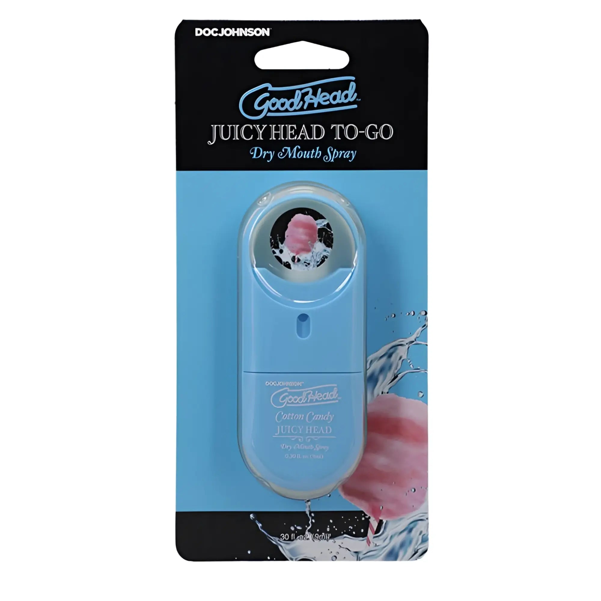 Light blue plastic GoodHead Juicy Head to-go dry mouth spray with clear cap showing pink cotton candy flavor design