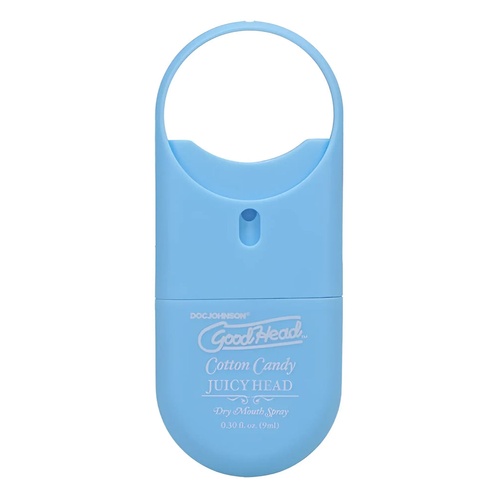 Light blue plastic handheld dry mouth spray with circular top loop branded goodhead cotton candy juicy head 9ml to-go