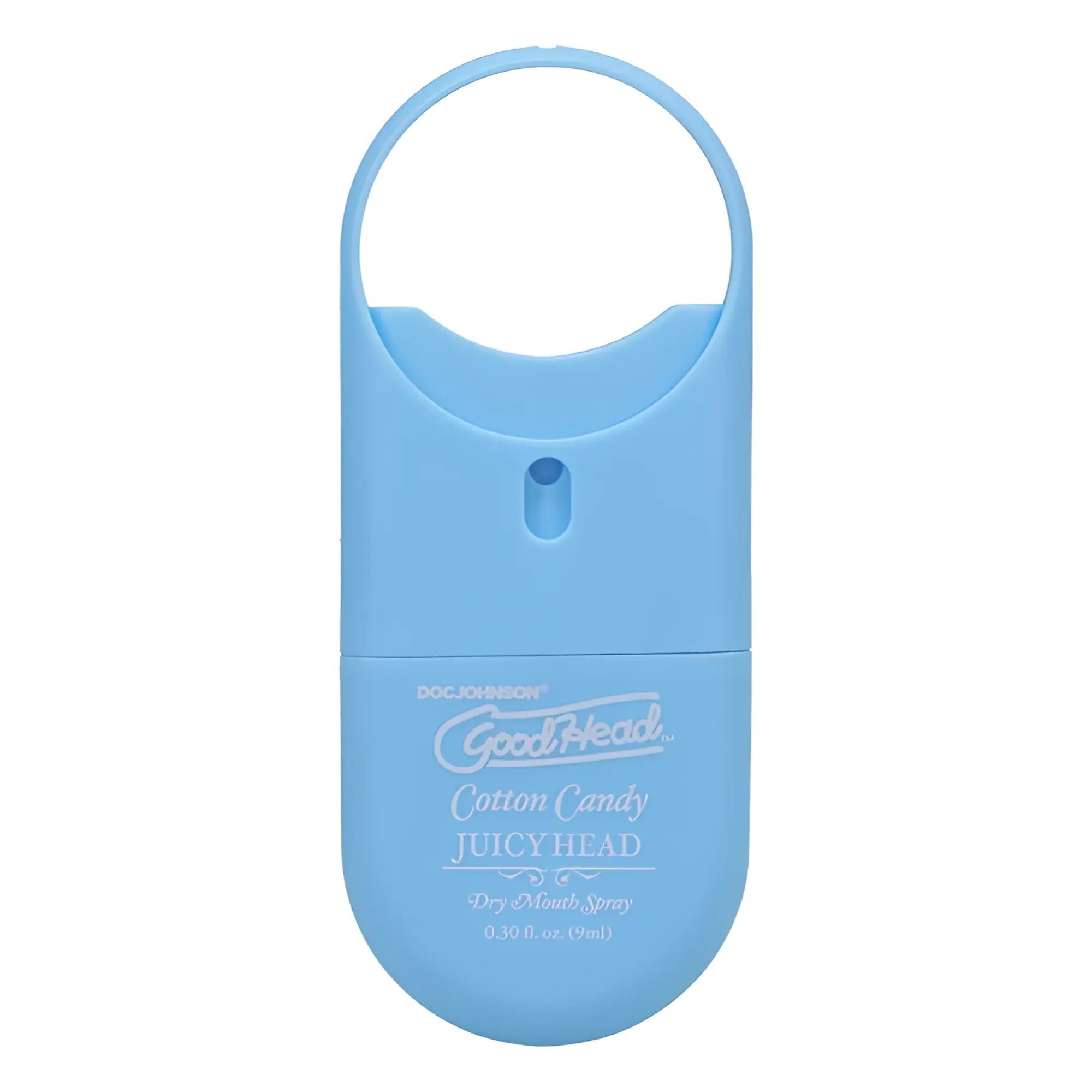 Light blue plastic handheld dry mouth spray with circular top loop branded goodhead cotton candy juicy head 9ml to-go