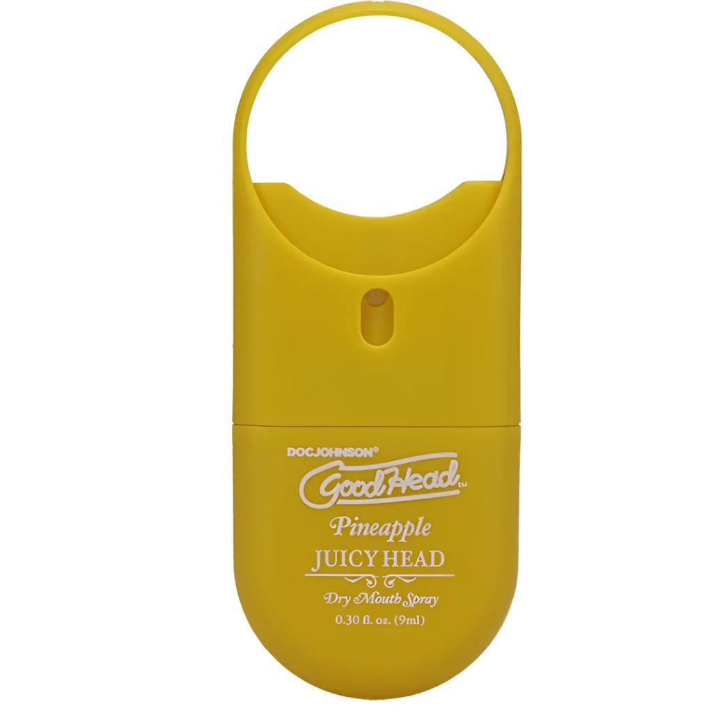 Yellow plastic handheld good head juicy head pineapple dry mouth spray with loop handle by doc johnson 9ml to-go