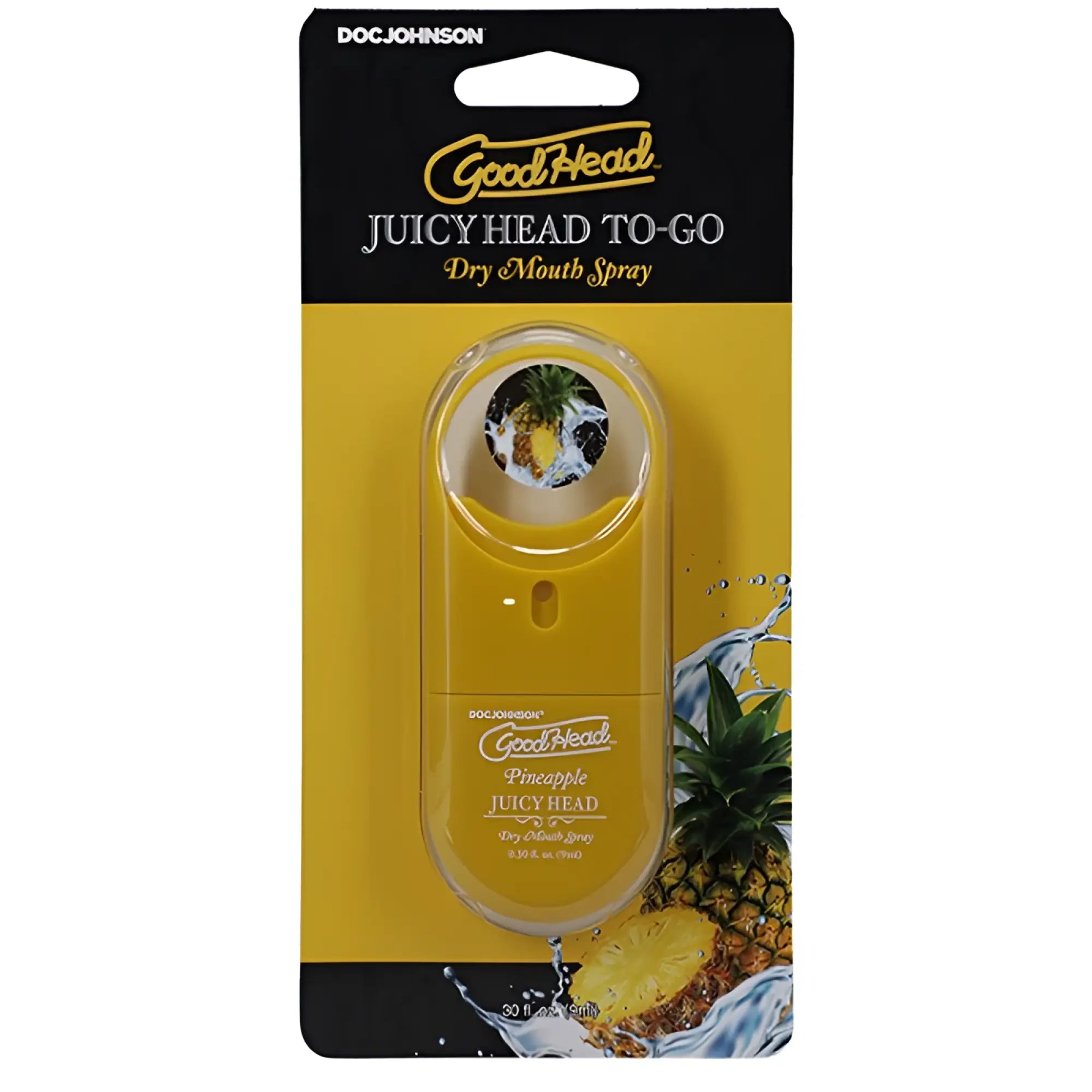 Yellow plastic pineapple-scented goodhead juicy head spray to-go dry mouth spray in 9ml package
