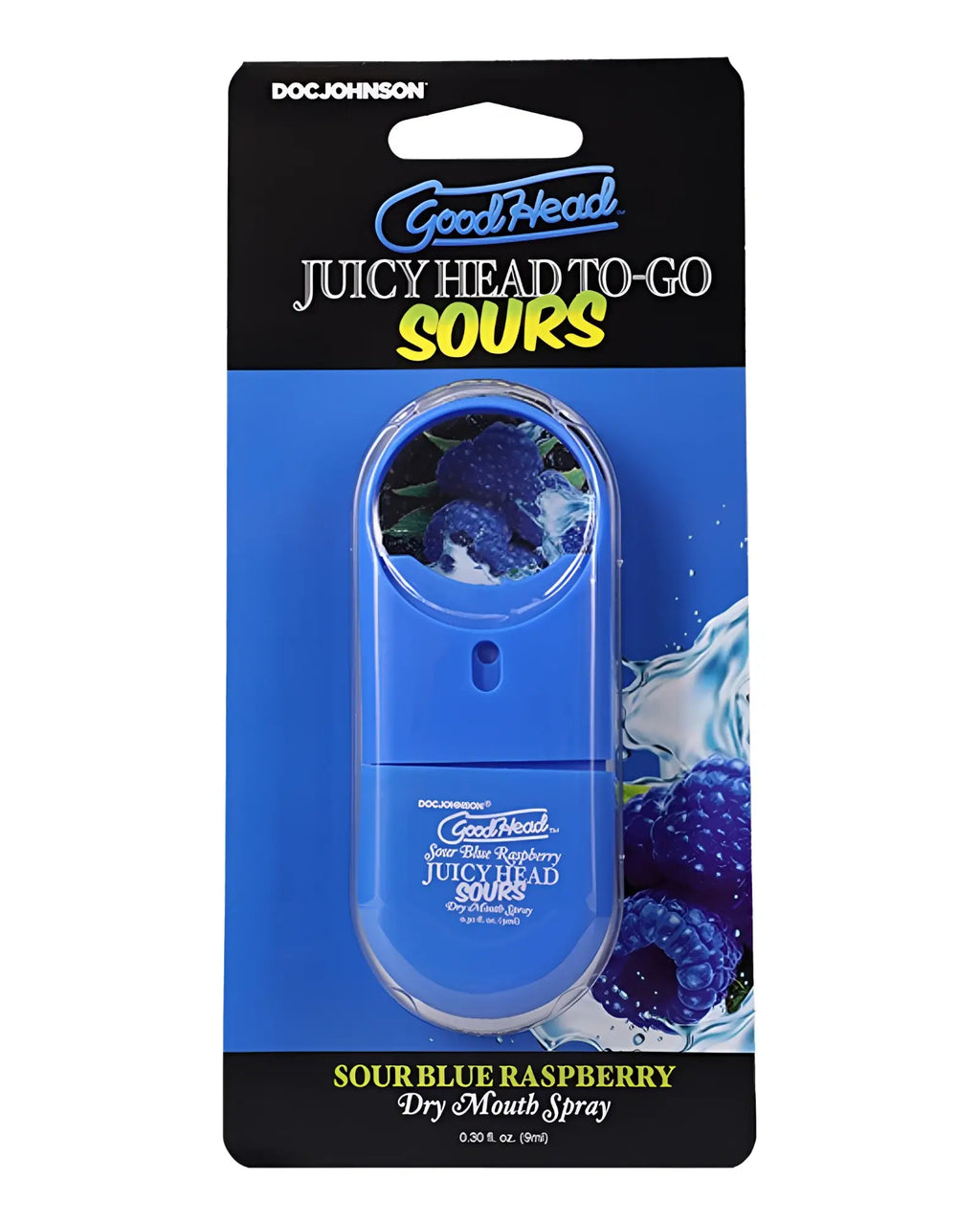 GoodHead juicy head to-go sour blue raspberry dry mouth spray in blue plastic bottle with clear flavor window 9ml