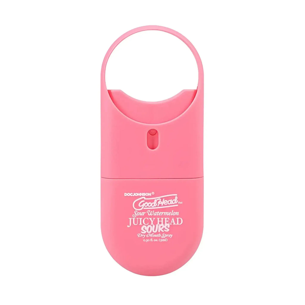 Pink plastic goodhead juicy head spray to-go sour watermelon 9ml with circular handle and red nozzle for dry mouth