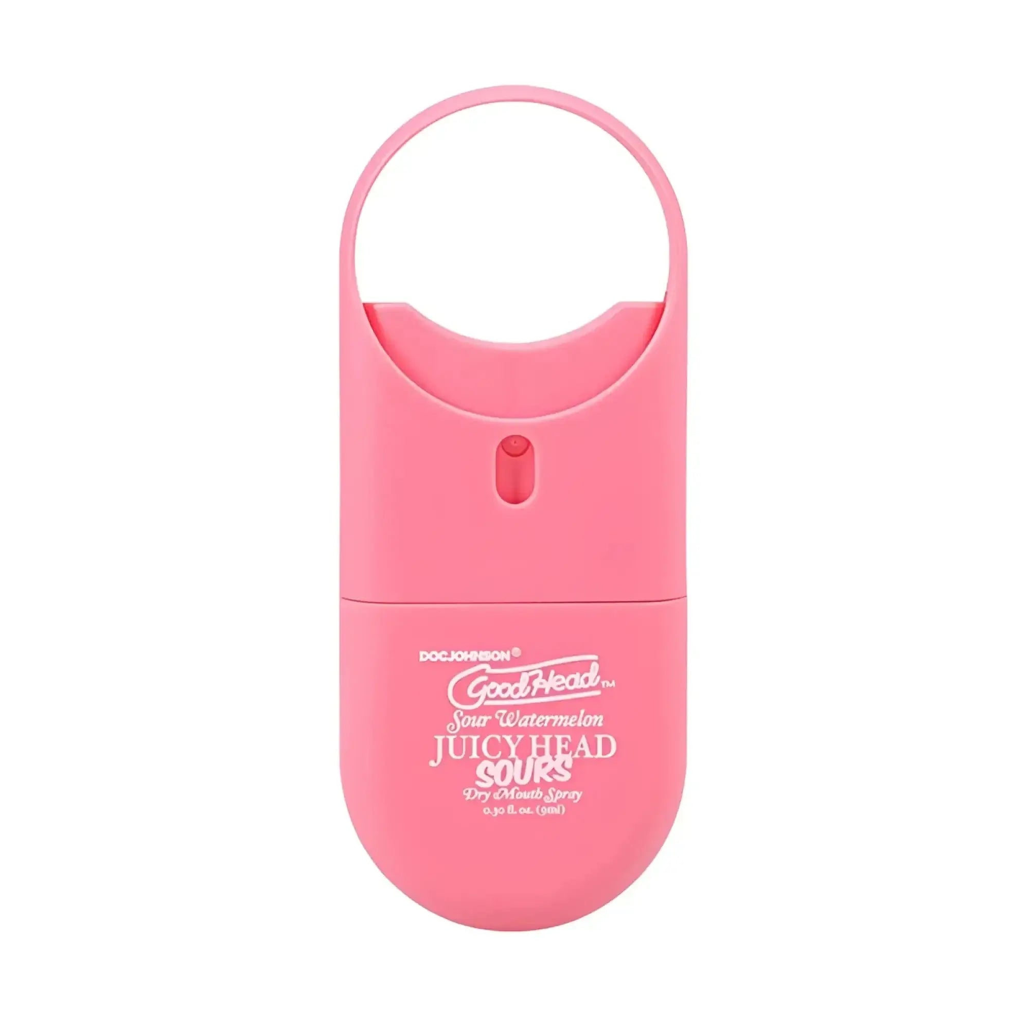 Pink plastic goodhead juicy head spray to-go sour watermelon 9ml with circular handle and red nozzle for dry mouth