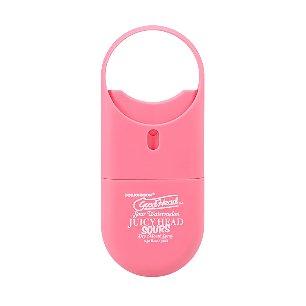 Pink plastic goodhead juicy head spray to-go sour watermelon 9ml with circular handle and red nozzle for dry mouth