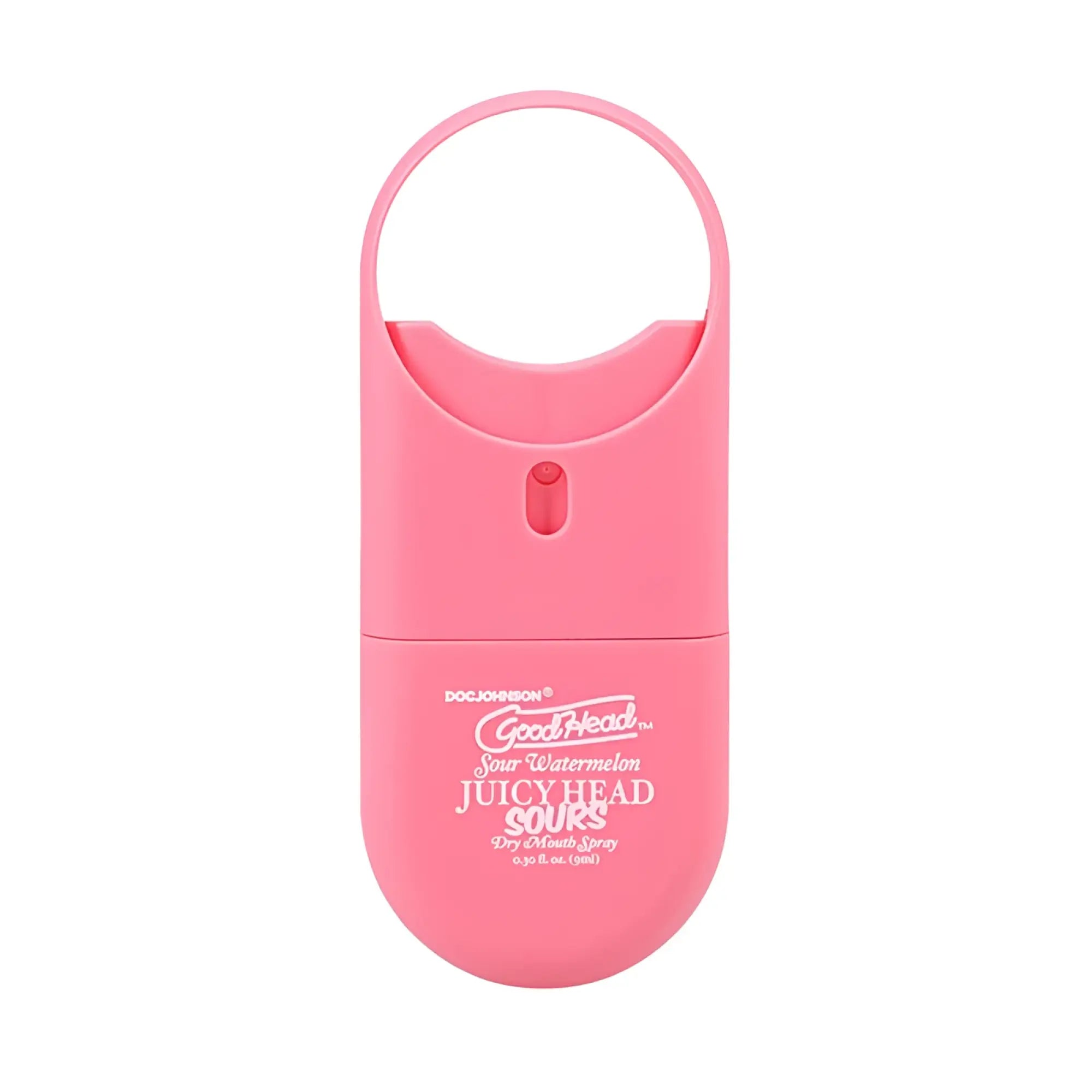 Pink plastic goodhead juicy head spray to-go sour watermelon 9ml with circular handle and red nozzle for dry mouth