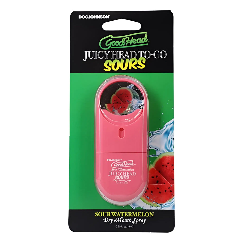 Pink plastic goodhead juicy head spray to-go sour watermelon 9ml with clear window showing red watermelon slices