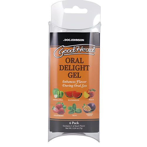 Doc Johnson GoodHead oral delight gel 6 pc fruity in clear plastic with orange label showing six fruit flavors
