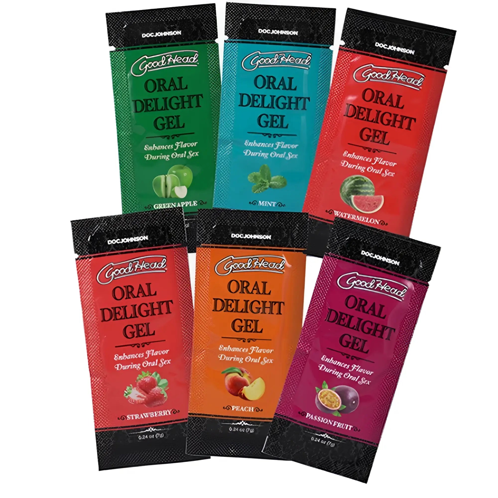 Five colorful packets of goodhead oral delight gel in fruity flavors with black tops and bottoms in a 6 pc pack