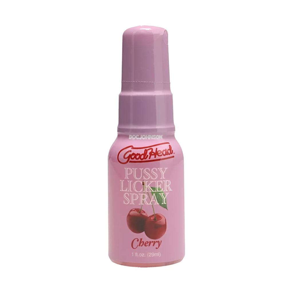 Pink plastic spray bottle with matching cap labeled goodhead pussy licker spray cherry by doc johnson 29ml