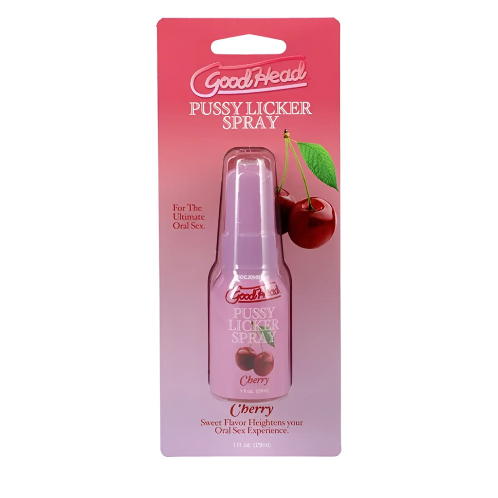 GoodHead pussy licker spray cherry 29ml in a clear plastic bottle with spray nozzle and pink cardboard packaging