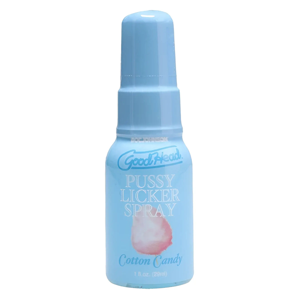 Light blue plastic spray bottle of GoodHead pussy licker spray cotton candy flavor 29ml for intimate use
