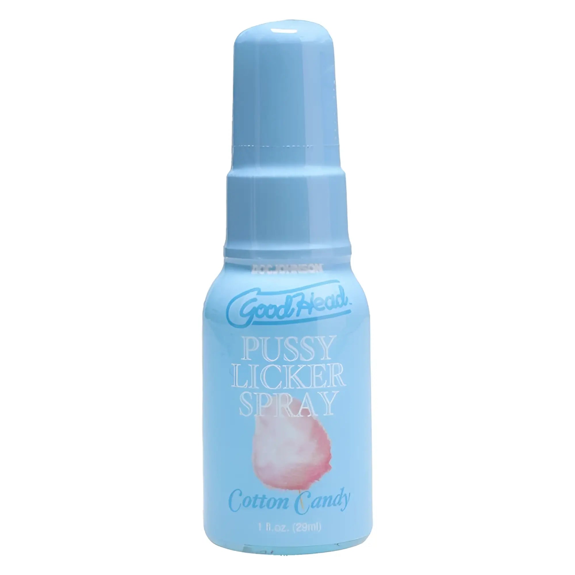 Light blue plastic spray bottle of GoodHead pussy licker spray cotton candy flavor 29ml for intimate use