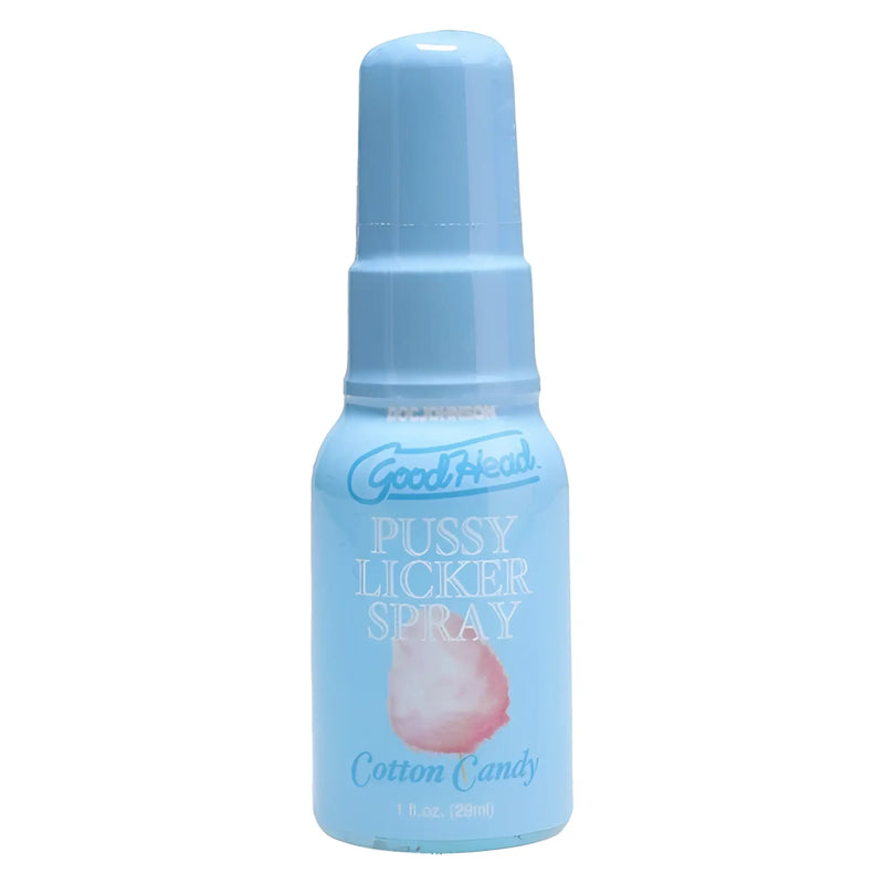 Light blue plastic spray bottle of GoodHead pussy licker spray cotton candy flavor 29ml for intimate use