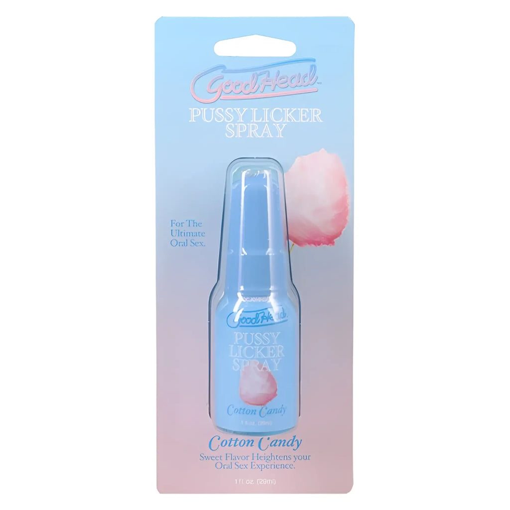 GoodHead pussy licker spray cotton candy scented in a translucent blue bottle with pink cotton candy label graphic