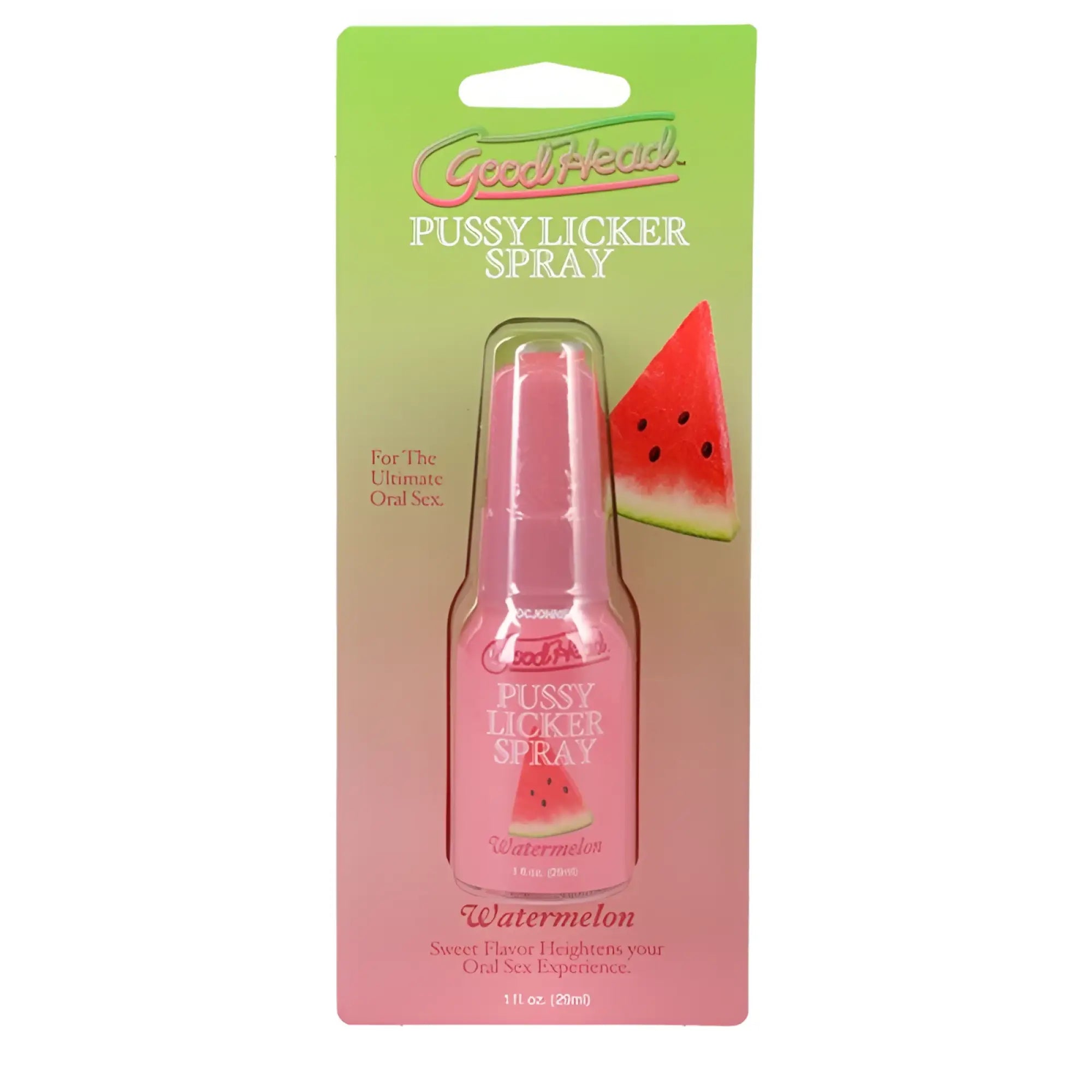 Goodhead pussy licker spray watermelon 29ml in clear plastic bottle with pink cap and green pink cardboard sleeve