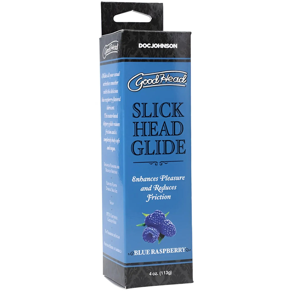 Goodhead slick head glide blue raspberry lubricant in blue and black cardboard box 4 oz 113g packaging