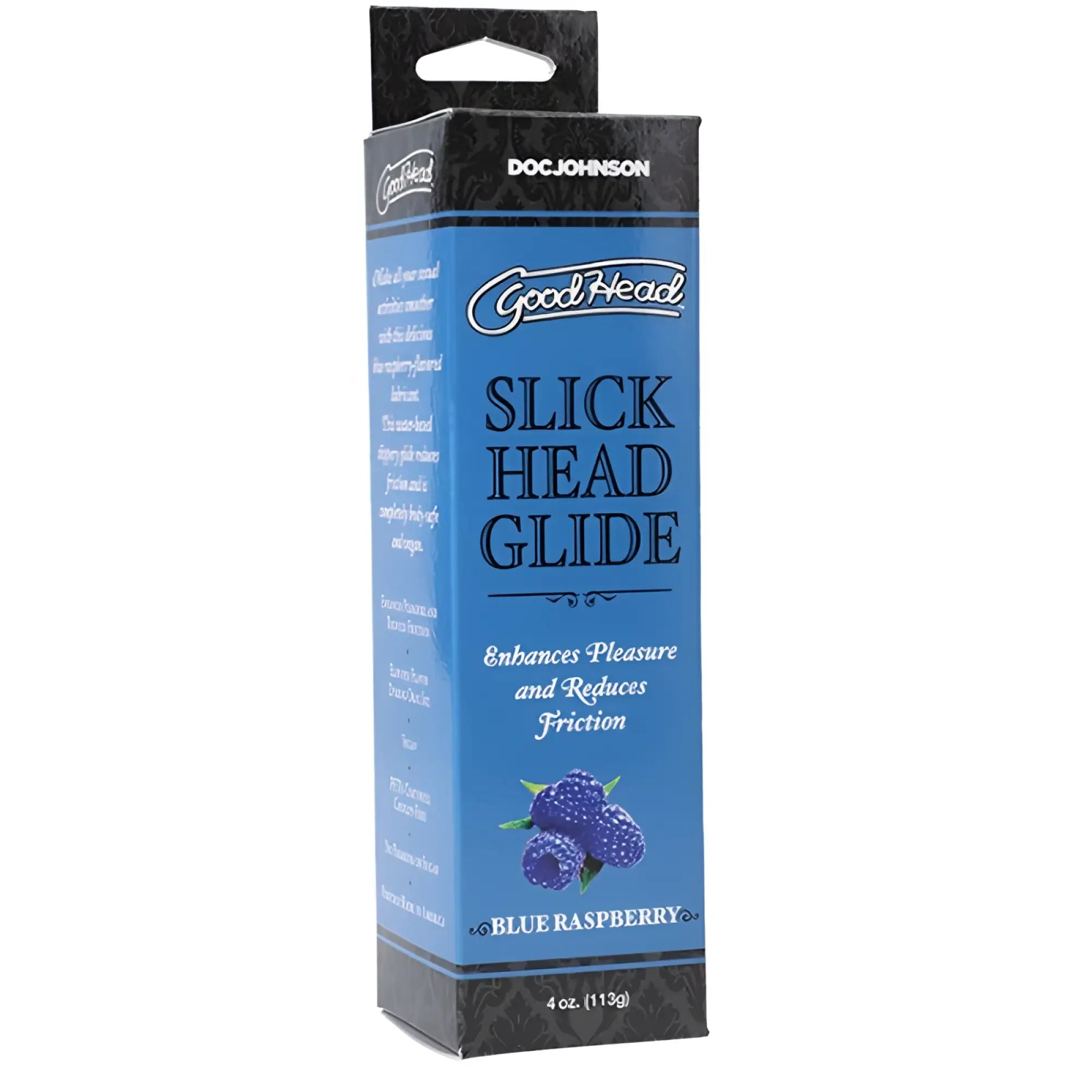 Goodhead slick head glide blue raspberry lubricant in blue and black cardboard box 4 oz 113g packaging
