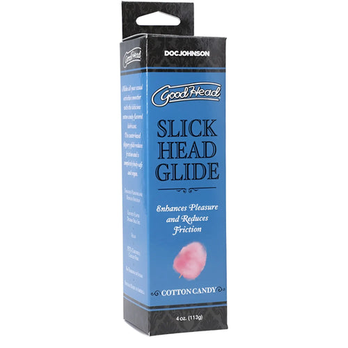 Blue rectangular box of doc johnson goodhead slick head glide cotton candy flavor 4 oz lubricant product