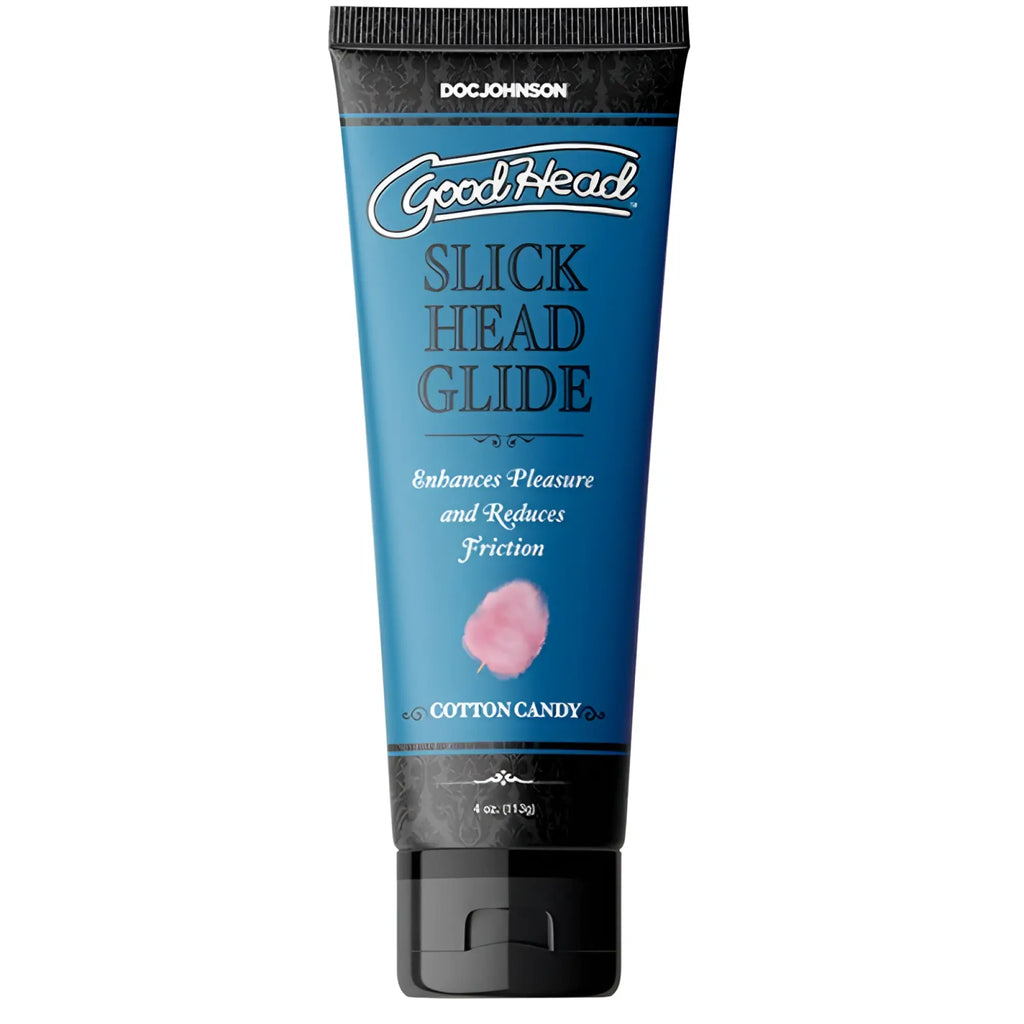 Blue tube of doc johnson goodhead slick head glide cotton candy scented 4 oz lubricant for smooth glide use