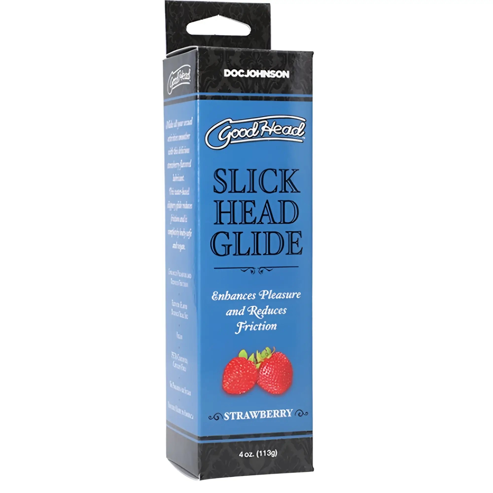 Blue rectangular box of goodhead slick head glide strawberry flavored lubricant by doc johnson 4 oz 113g