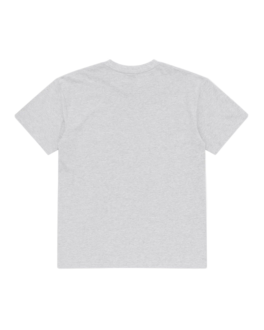 Back view of a light gray, short-sleeved crew neck t-shirt with a standard fit.