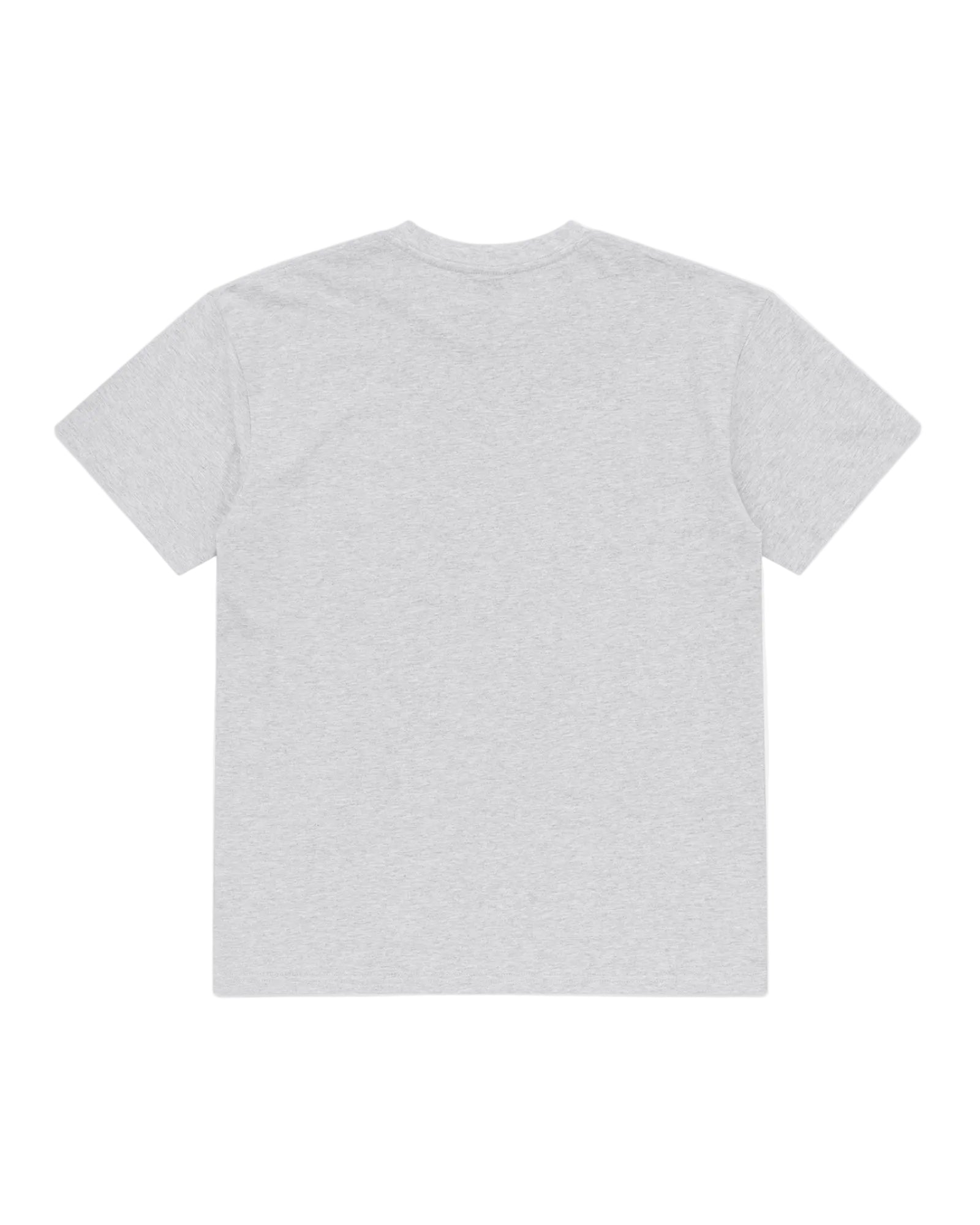 Back view of a light gray, short-sleeved crew neck t-shirt with a standard fit.