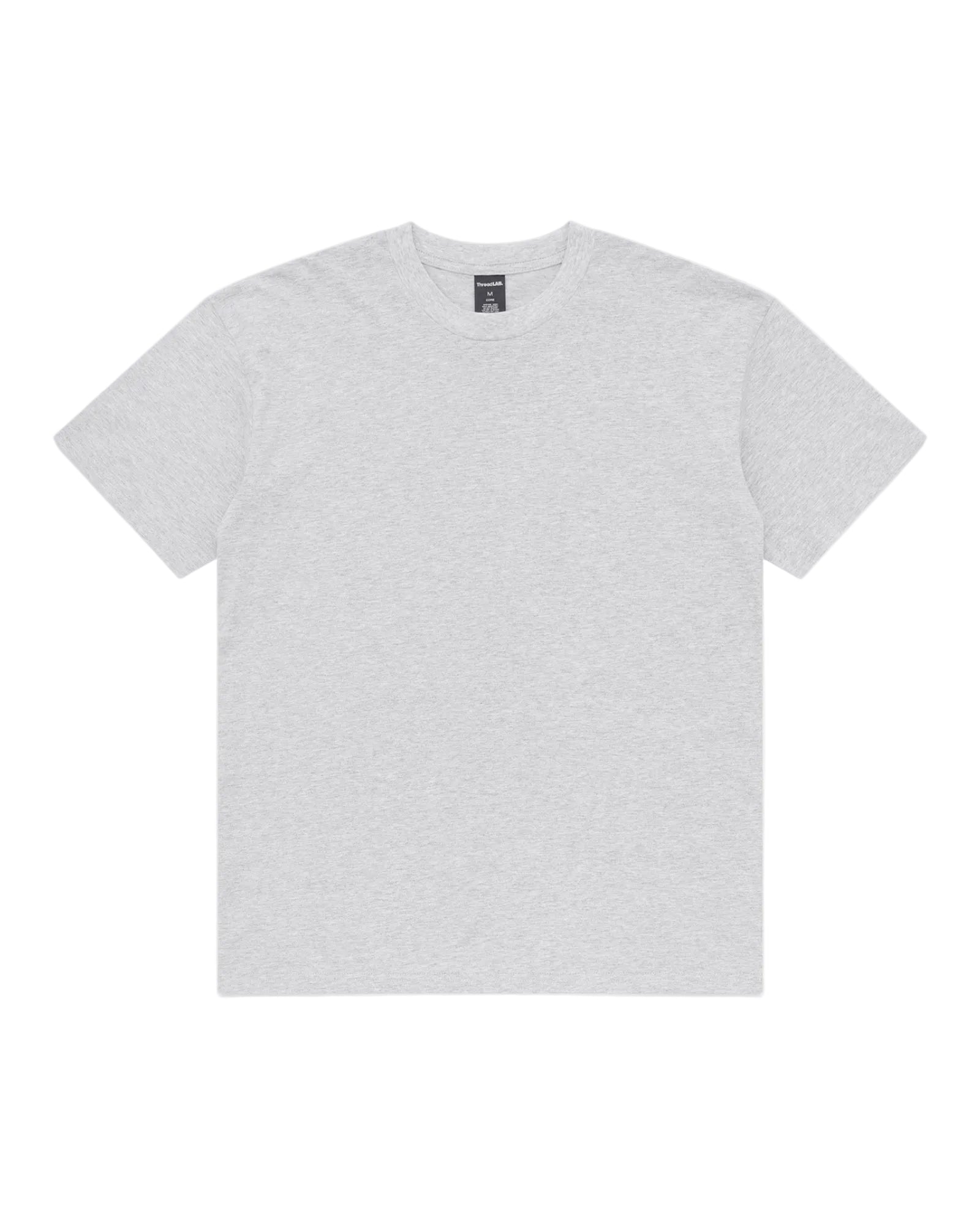 A light grey heathered crew neck t-shirt with short sleeves and a branded inner collar tag on a plain background.