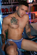 Blue breedwell groove jock briefs with white elastic waistband designed for comfort and support