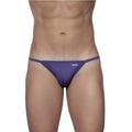 Purple thong string bikini with small brand tag on waistband groovin underwear indigo purple st0103 back view