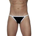 Black and white groovin accent string bikini thong with slim minimalist design shown from the back side