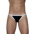 Black and white groovin accent string bikini thong with slim minimalist design shown from the back side